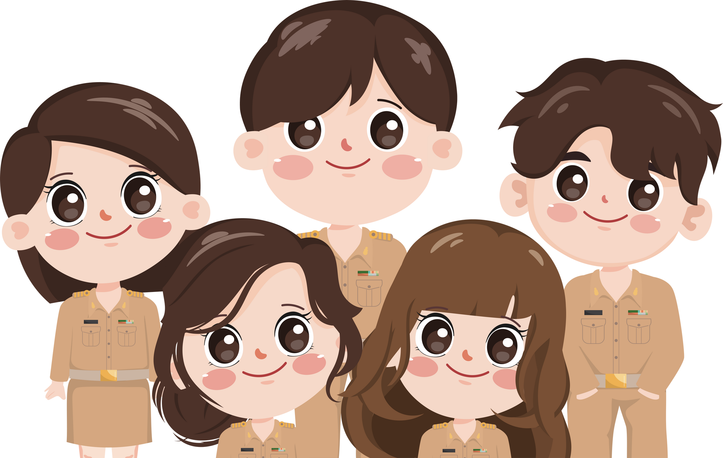 Group of Cute cartoon thai teacher in government uniform.
